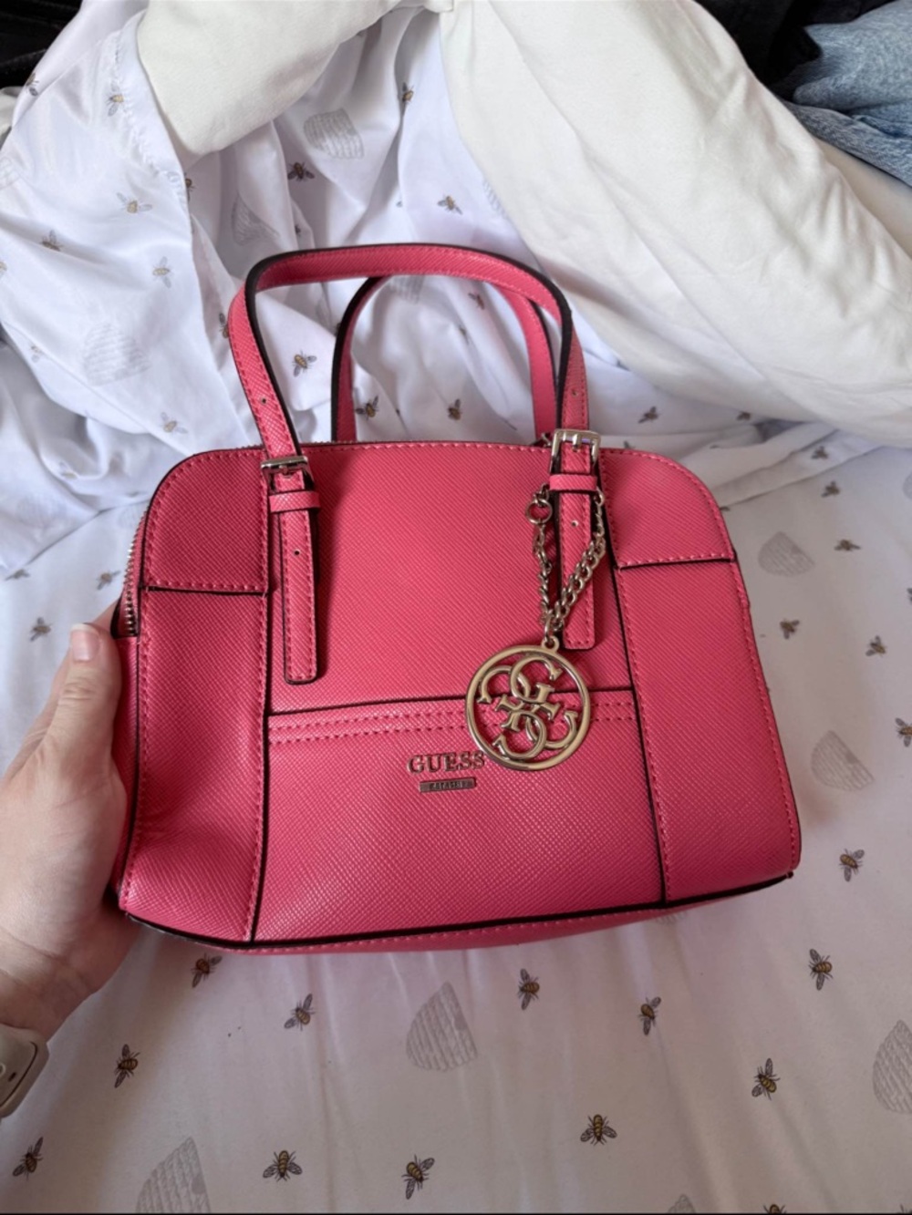 Guess Pink Saffiano Satchel with Gold Charm